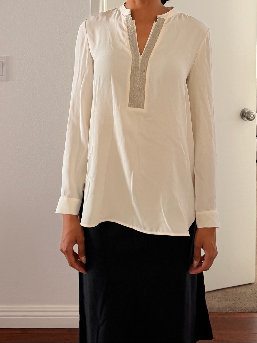 Lafayette 148 New York 100% Silk Embellished Tunic Blouse in Cream – Petite (NWO